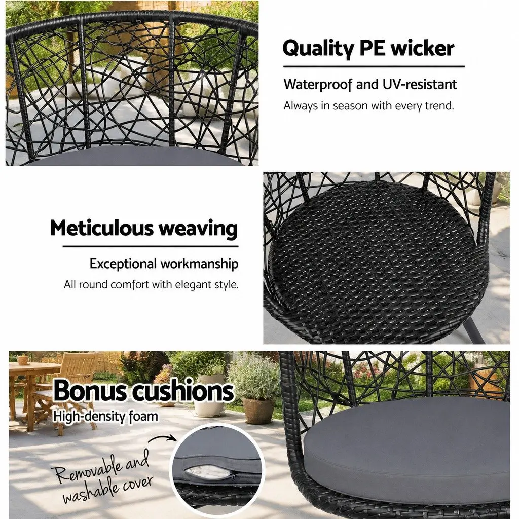 3PC Outdoor Rattan Bistro Set Black Round Table with Cushioned Chairs for Patio Garden