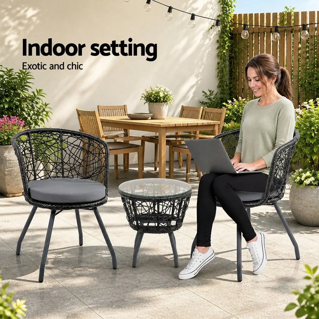 3PC Outdoor Rattan Bistro Set Black Round Table with Cushioned Chairs for Patio Garden