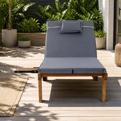 Outdoor Sun Lounger Wooden Day Bed with Wheels Adjustable Backrest Grey Cushion
