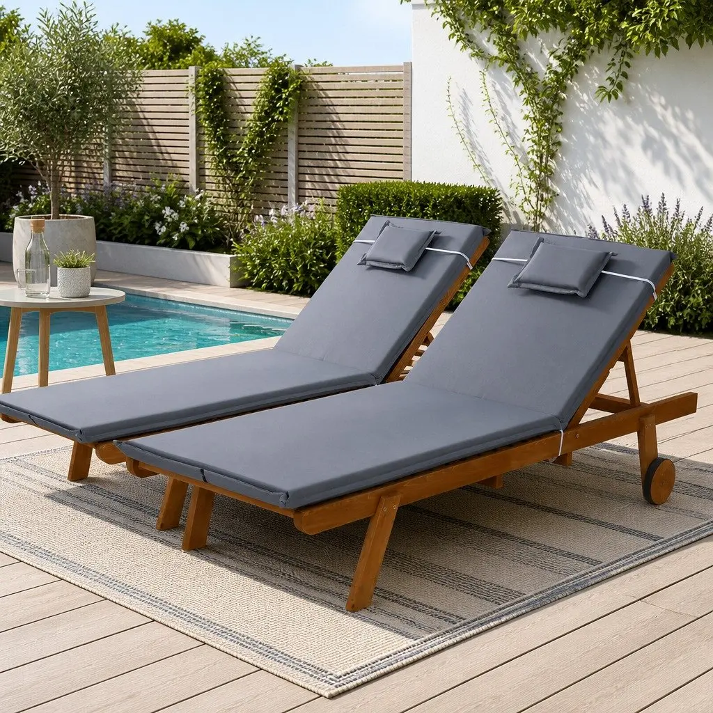 Outdoor Sun Lounger Natural Wood Grey Cushion Adjustable Backrest with Wheels