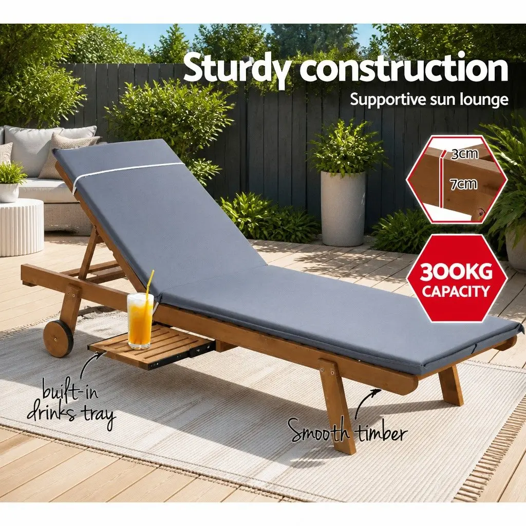Outdoor Sun Lounger Natural Wood Grey Cushion Adjustable Backrest with Wheels