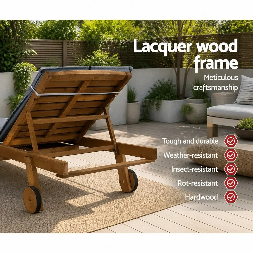 Outdoor Sun Lounger Natural Wood Grey Cushion Adjustable Backrest with Wheels
