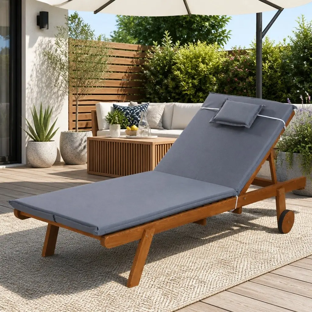 Wooden Sun Lounge Grey Adjustable Backrest with Wheels