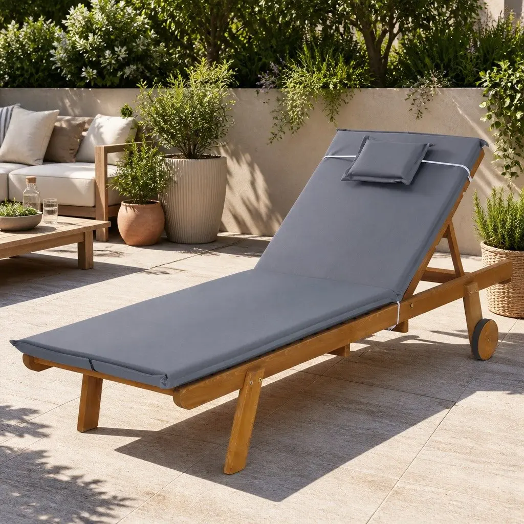 Wooden Sun Lounge Grey Adjustable Backrest with Wheels
