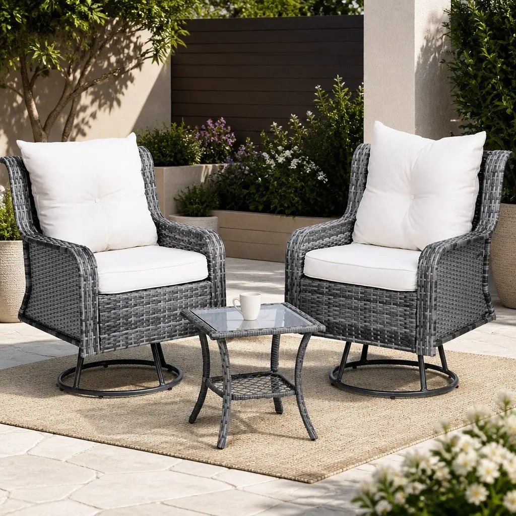 3-Piece Outdoor Bistro Set Grey Swivel Chairs Side Table Wicker Lounge Furniture