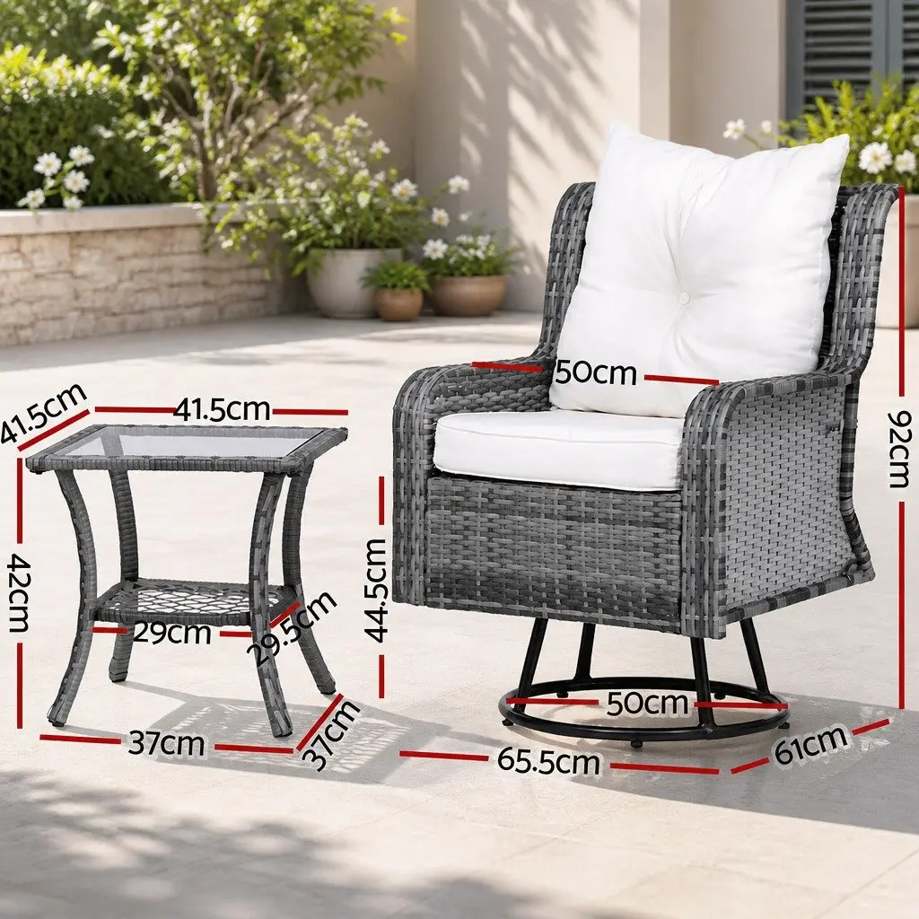 3-Piece Outdoor Bistro Set Grey Swivel Chairs Side Table Wicker Lounge Furniture