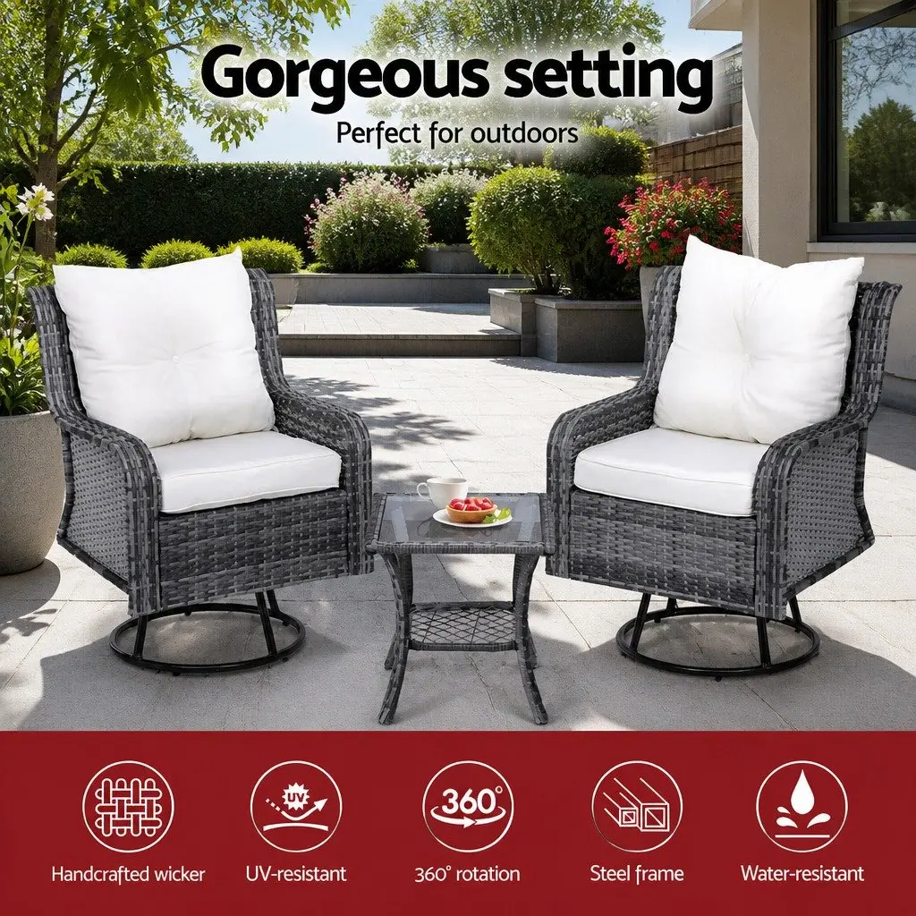 3-Piece Outdoor Bistro Set Grey Swivel Chairs Side Table Wicker Lounge Furniture