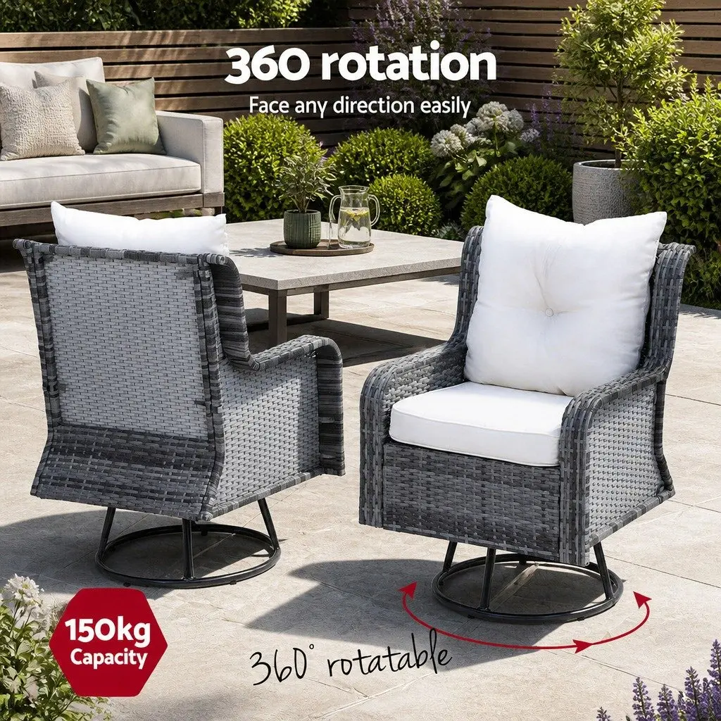 3-Piece Outdoor Bistro Set Grey Swivel Chairs Side Table Wicker Lounge Furniture