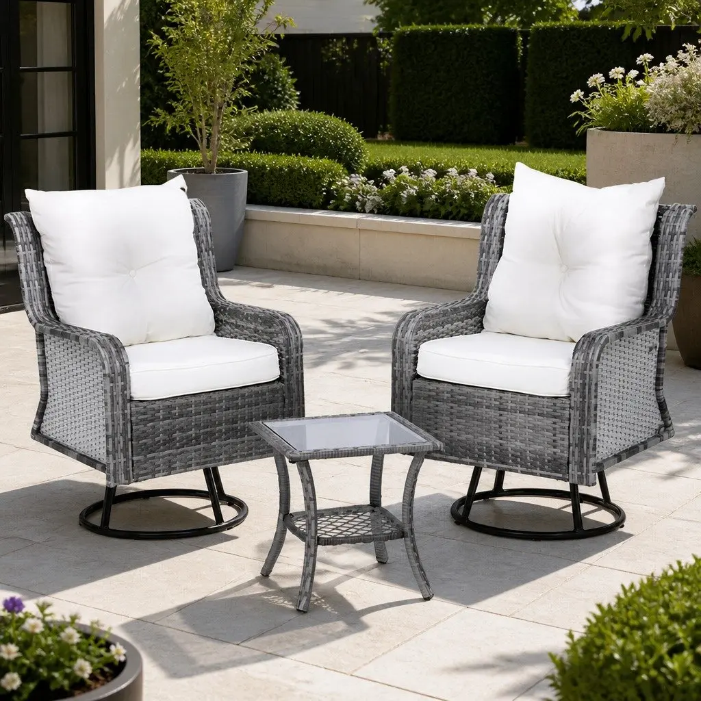 3-Piece Outdoor Bistro Set Grey Swivel Chairs Side Table Wicker Lounge Furniture