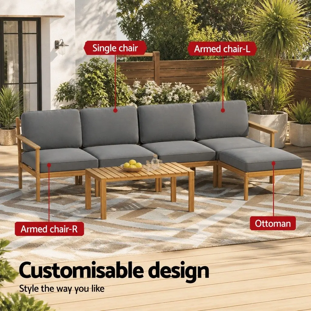 5-Seater Outdoor Sofa Set Wooden Lounge Setting 6 Pieces Garden Furniture