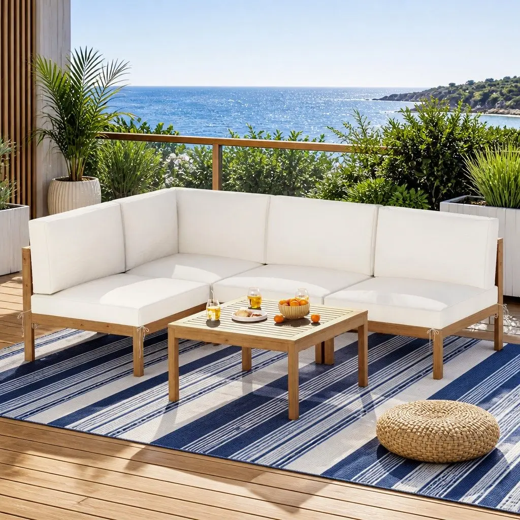 Outdoor Sofa Set Natural Oak 4 Seater Wooden Lounge with Coffee Table Customizable Configuration