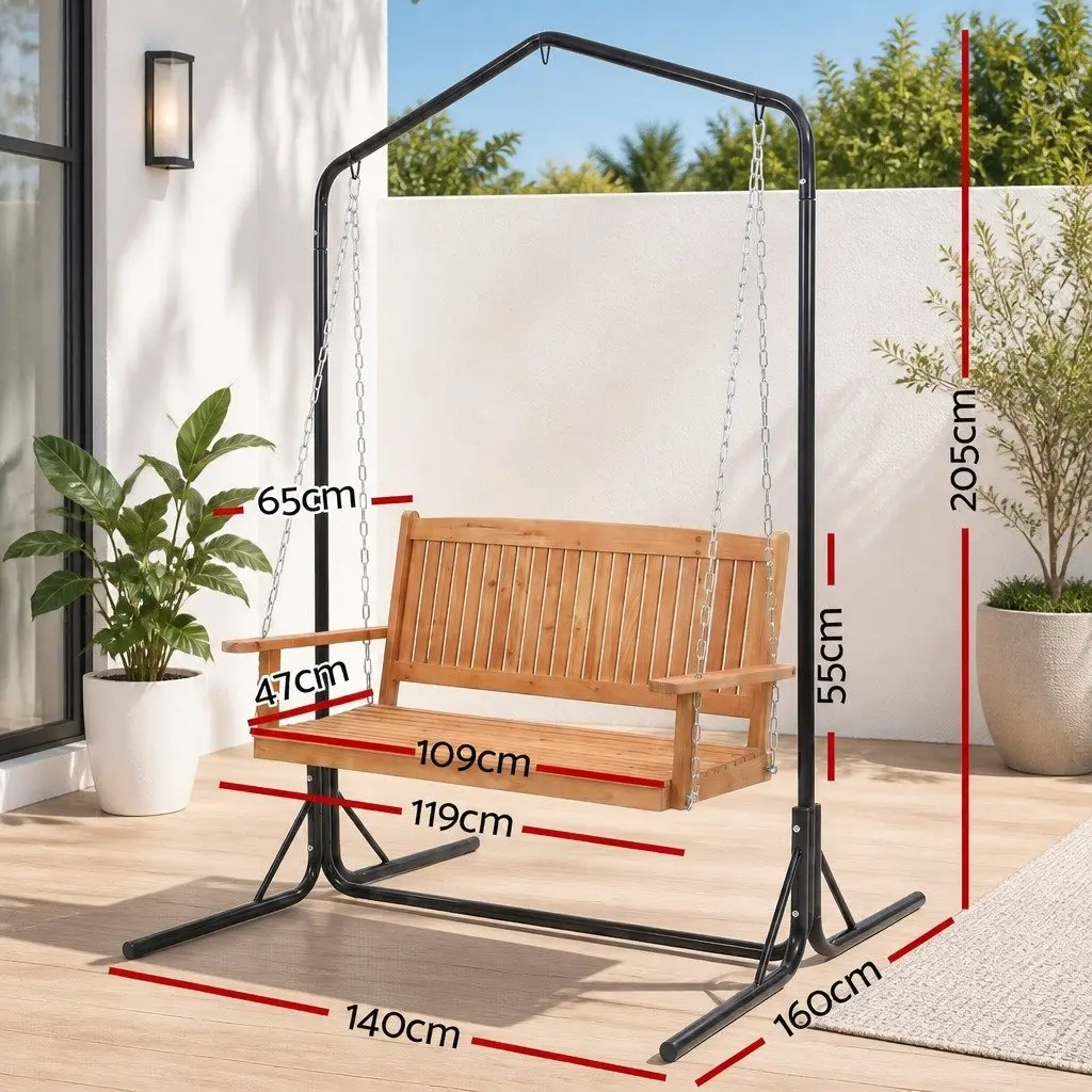Outdoor Swing Chair Teak Black 2-Seater Freestanding with Metal Stand and Chains