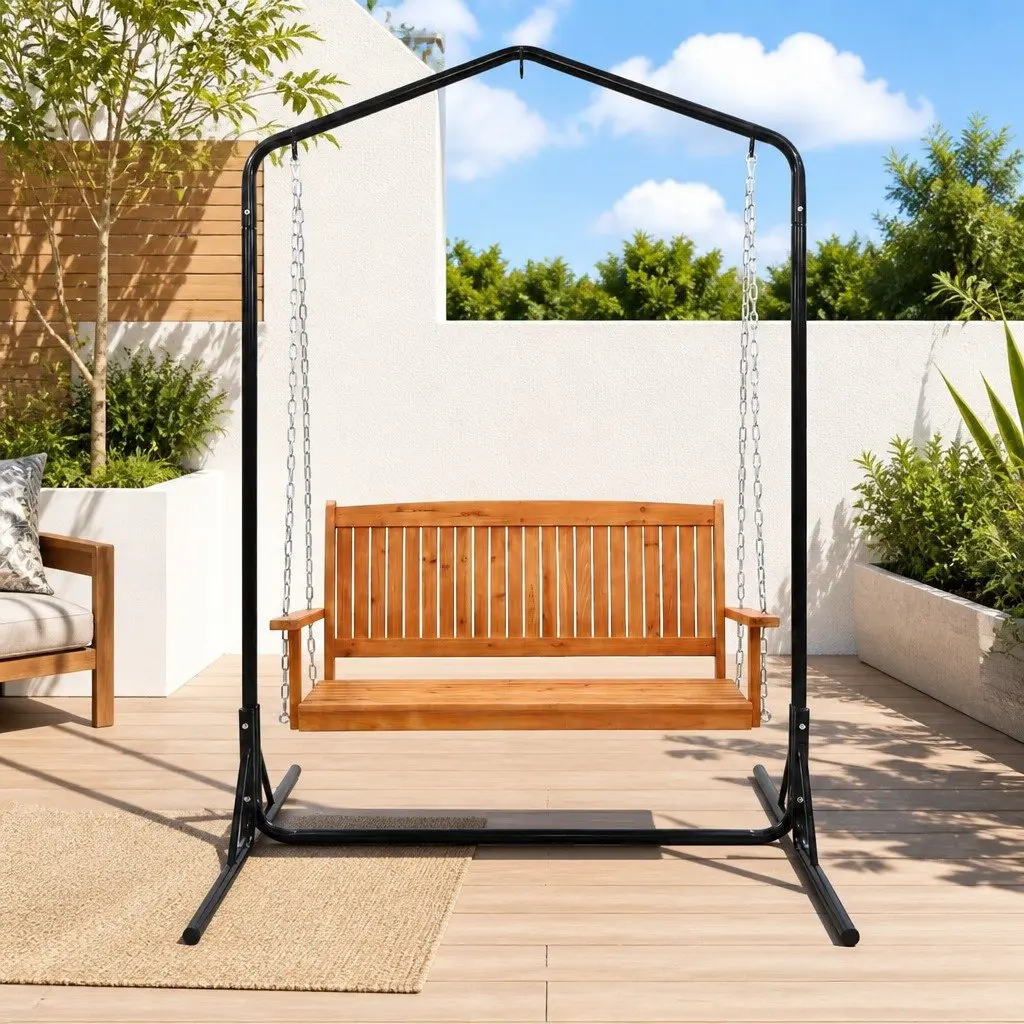 Outdoor Swing Chair Teak Black 2-Seater Freestanding with Metal Stand and Chains