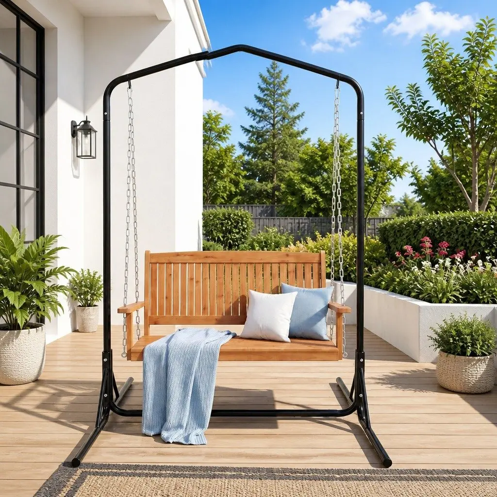 Outdoor Swing Chair Teak Black 2-Seater Freestanding with Metal Stand and Chains