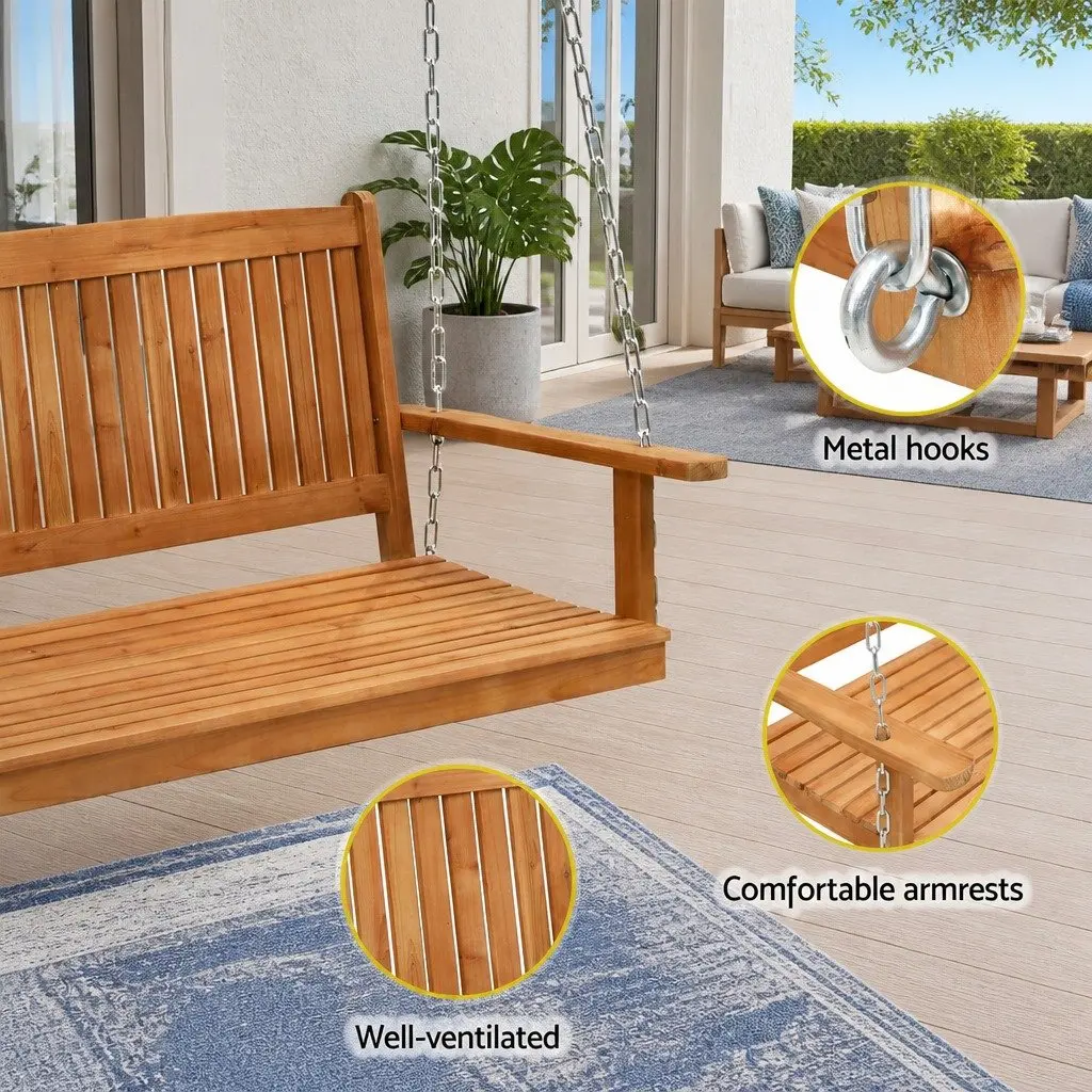Outdoor Swing Chair Teak Black 2-Seater Freestanding with Metal Stand and Chains