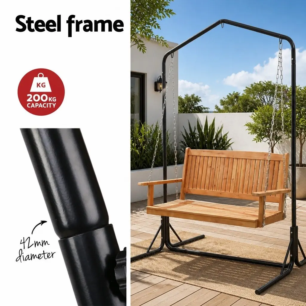 Outdoor Swing Chair Teak Black 2-Seater Freestanding with Metal Stand and Chains