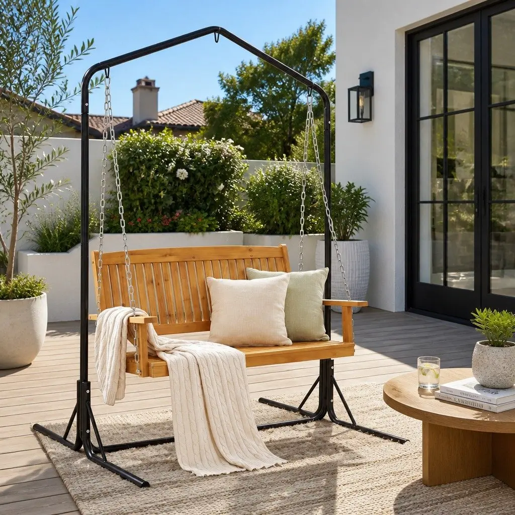 Outdoor Swing Chair Teak Black 2-Seater Freestanding with Metal Stand and Chains