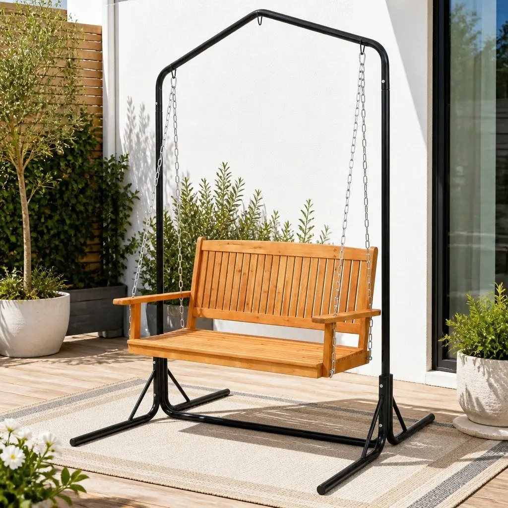 Outdoor Swing Chair Teak Black 2-Seater Freestanding with Metal Stand and Chains