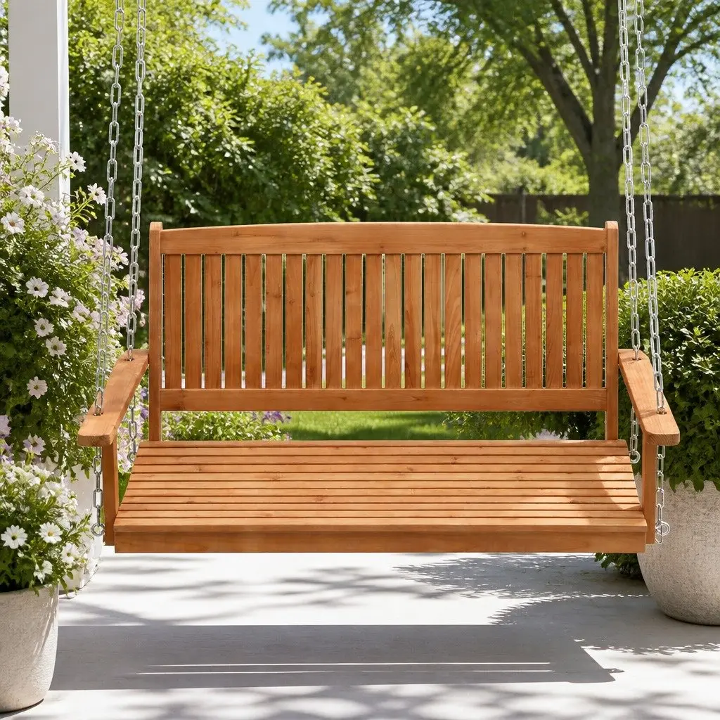2 Seater Porch Swing Chair with Chains Outdoor Garden Wooden Bench Furniture
