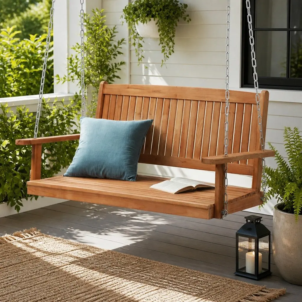 Outdoor Swing Chair Teak 2 Seater Heavy-Duty Metal Chains Suitable for Indoor and Outdoor Use
