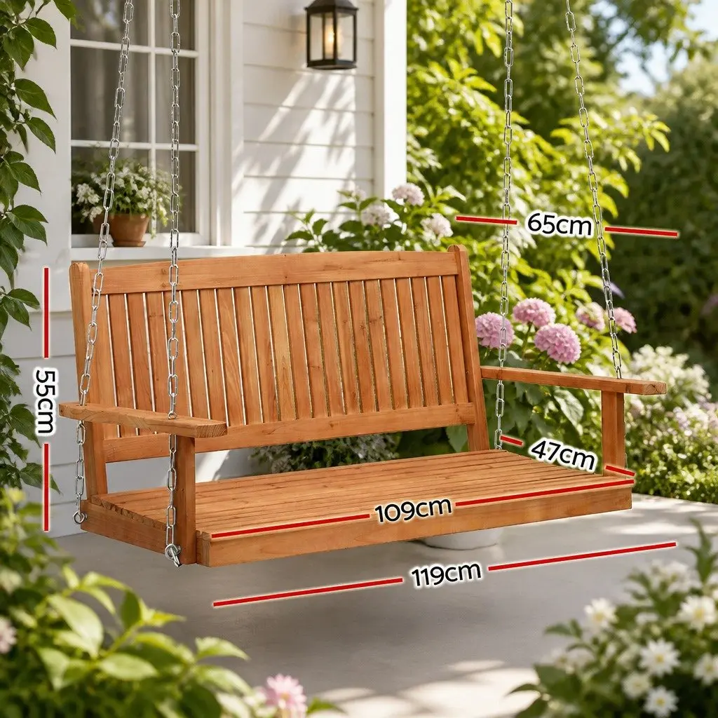 Outdoor Swing Chair Teak 2 Seater Heavy-Duty Metal Chains Suitable for Indoor and Outdoor Use
