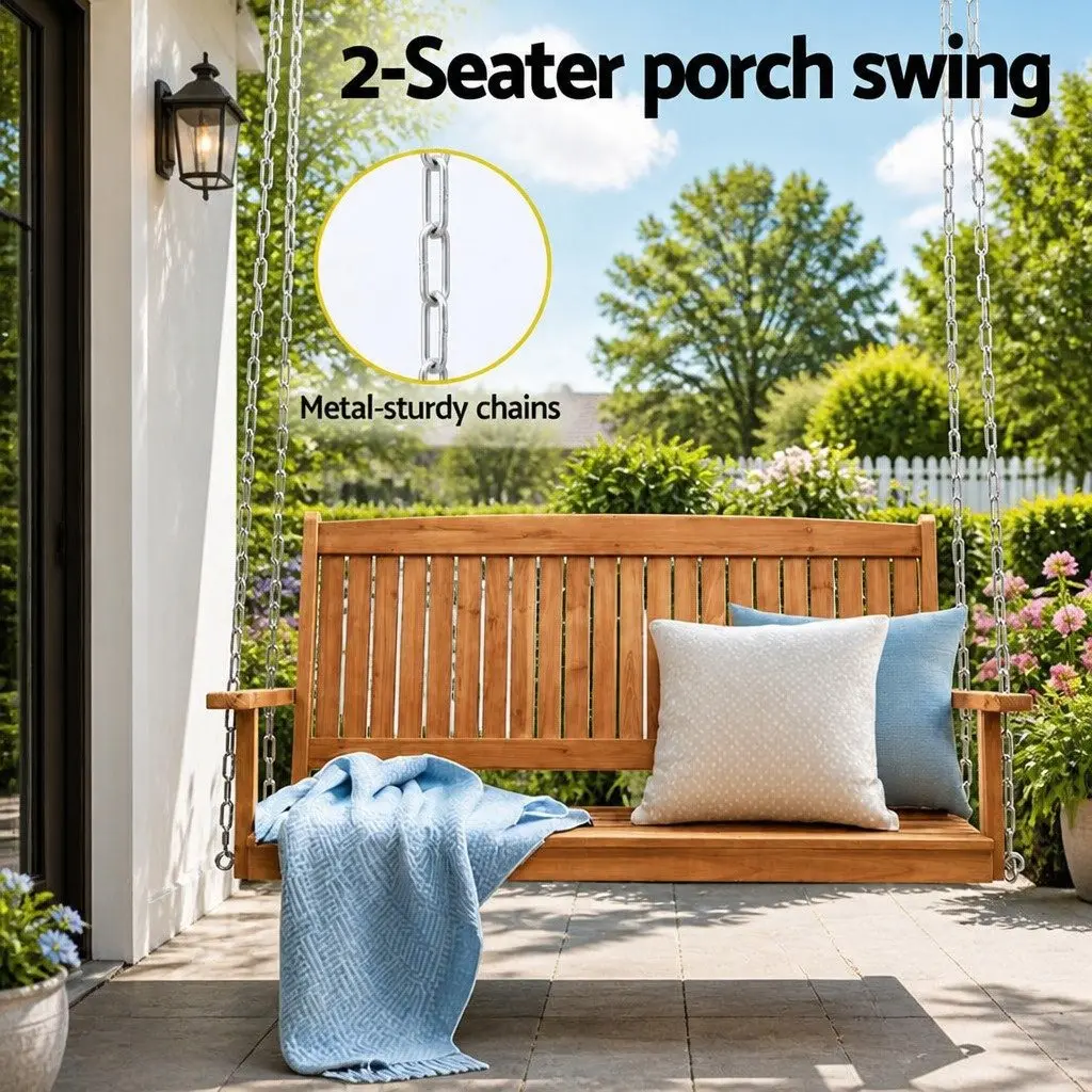 Outdoor Swing Chair Teak 2 Seater Heavy-Duty Metal Chains Suitable for Indoor and Outdoor Use