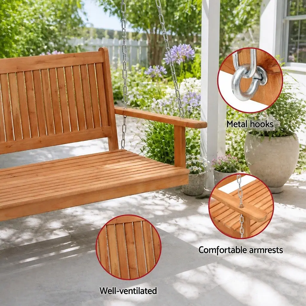 Outdoor Swing Chair Teak 2 Seater Heavy-Duty Metal Chains Suitable for Indoor and Outdoor Use