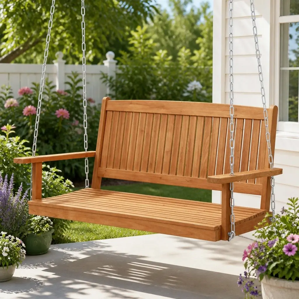 Outdoor Swing Chair Teak 2 Seater Heavy-Duty Metal Chains Suitable for Indoor and Outdoor Use