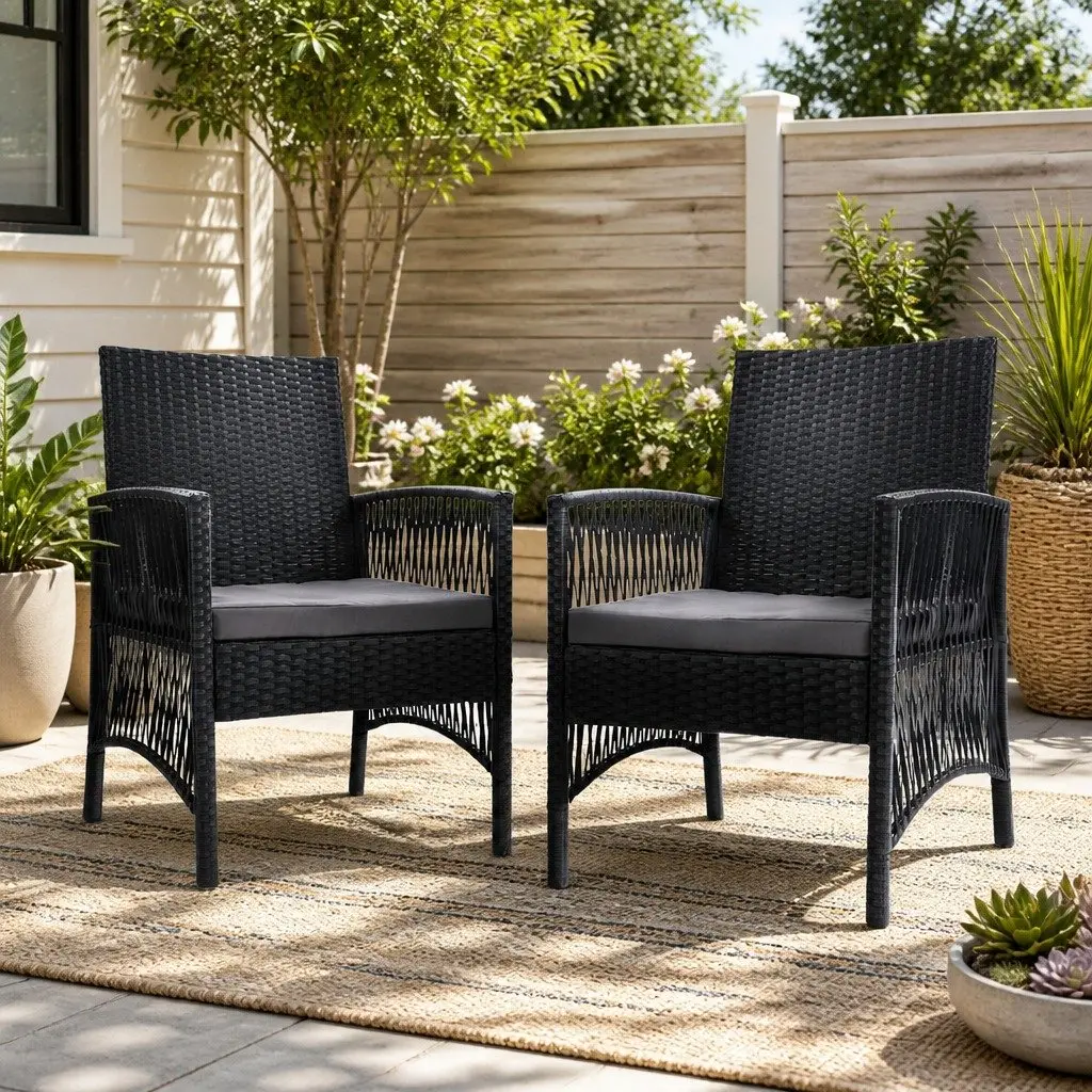 Outdoor Chairs Black 2PC Wicker Lounge Weather Resistant with High Density Foam Cushions