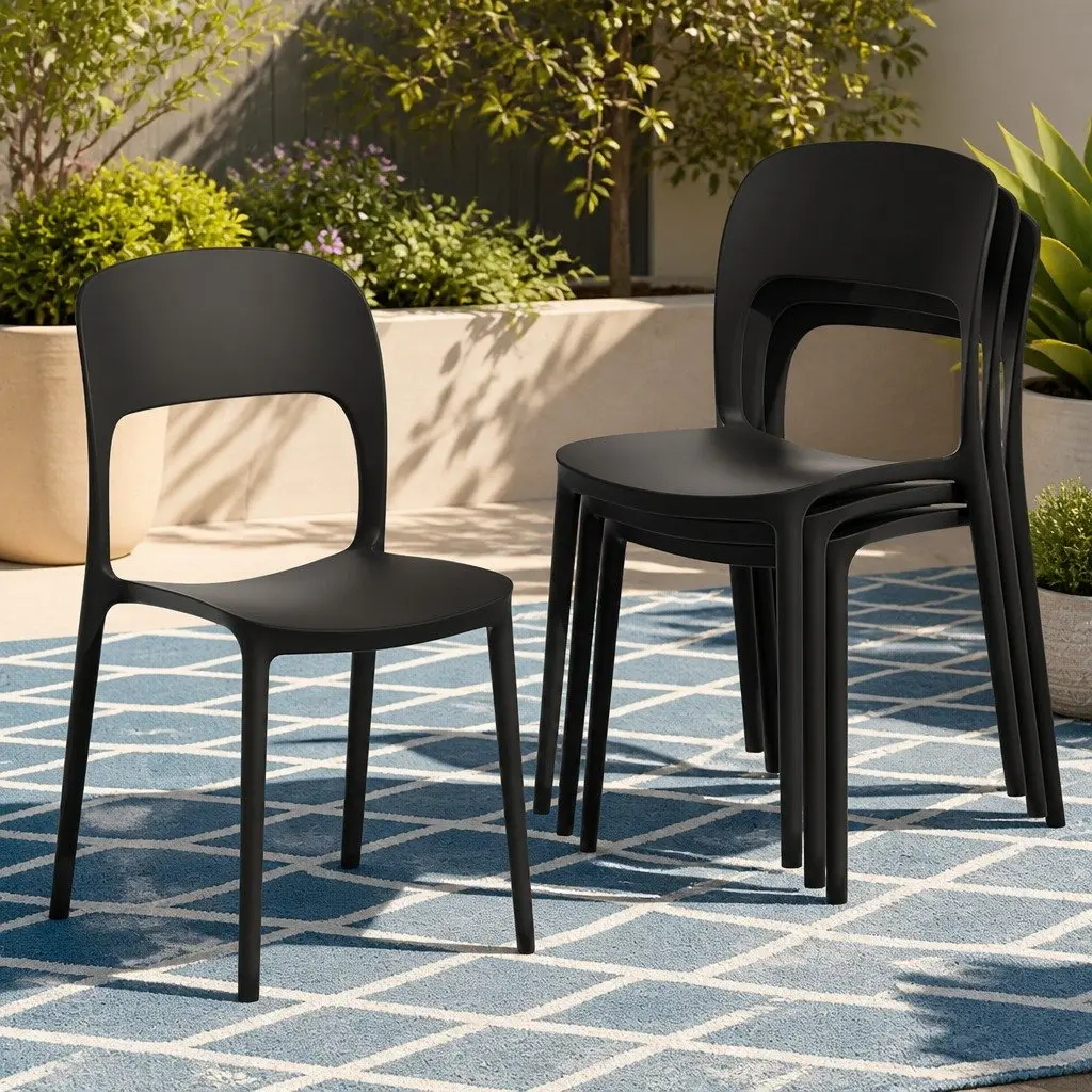 Outdoor Dining Chairs Black Stackable Lightweight Ventilated Backrest 4 Piece
