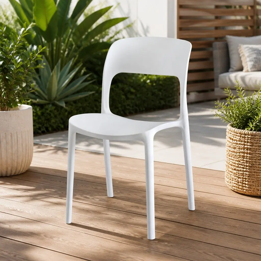 Stackable Outdoor Dining Chairs 4PC White Patio Garden Furniture Modern Design