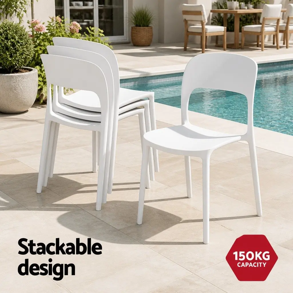 Stackable Outdoor Dining Chairs 4PC White Patio Garden Furniture Modern Design