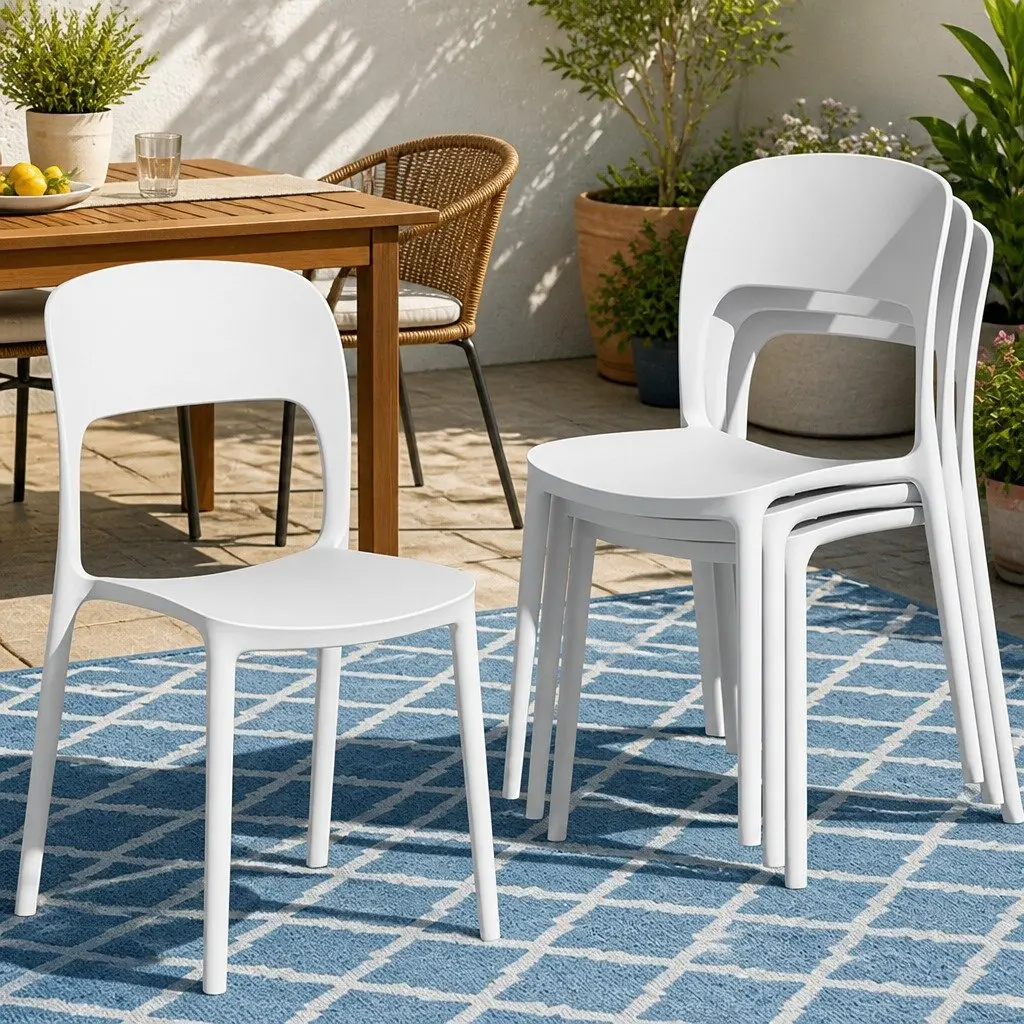 Stackable Outdoor Dining Chairs 4PC White Patio Garden Furniture Modern Design