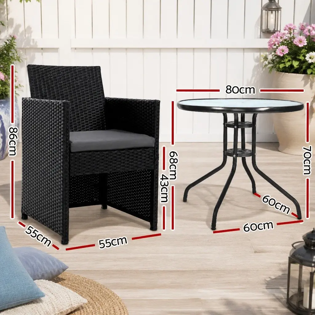 3PC Outdoor Bistro Set Black Rattan Chairs Glass Table Patio Garden Furniture