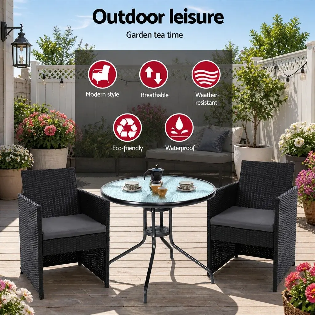 3PC Outdoor Bistro Set Black Rattan Chairs Glass Table Patio Garden Furniture