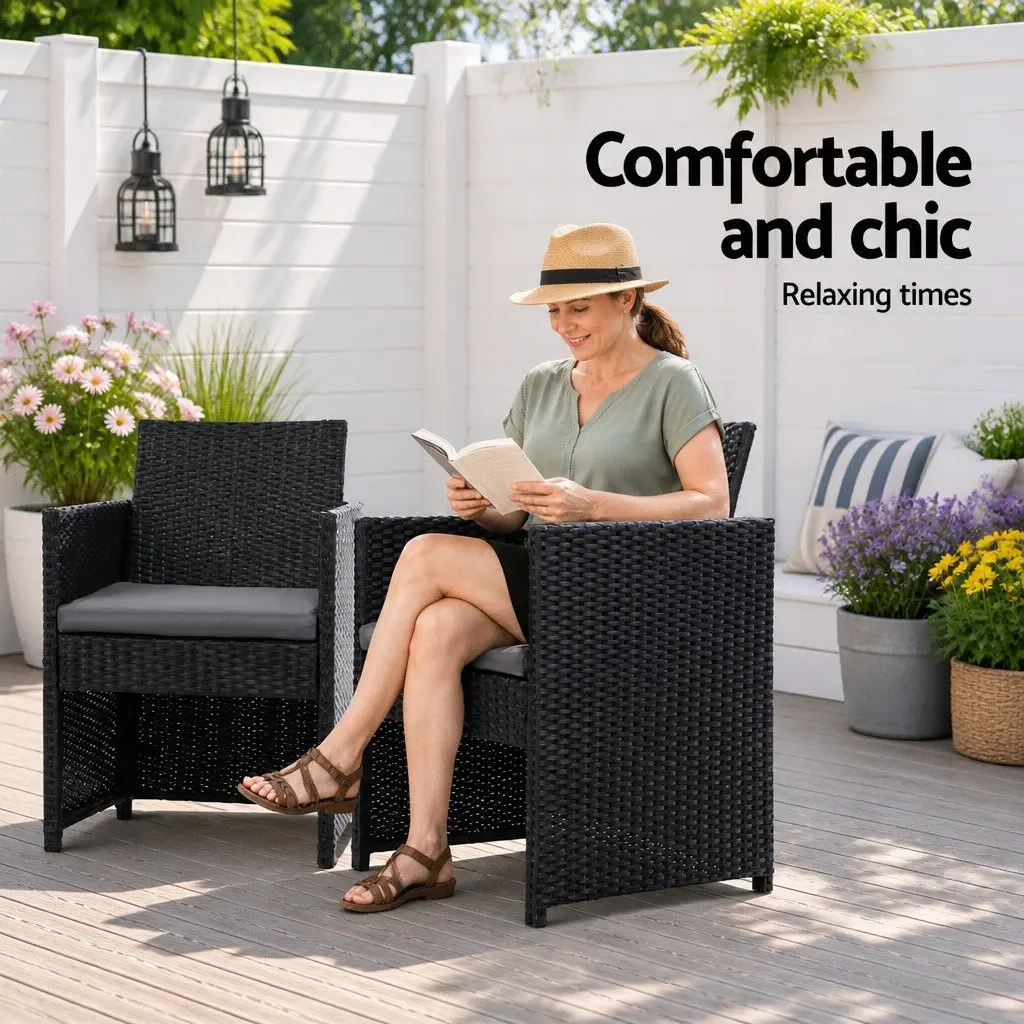 3PC Outdoor Bistro Set Black Rattan Chairs Glass Table Patio Garden Furniture
