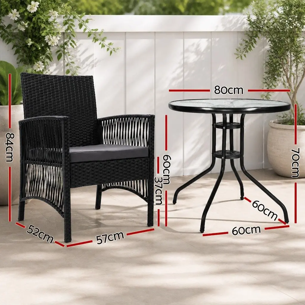 3 Piece Outdoor Bistro Set Glass Top Table Wicker Chairs Cushions Patio Garden