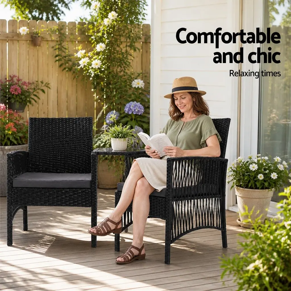 3 Piece Outdoor Bistro Set Glass Top Table Wicker Chairs Cushions Patio Garden