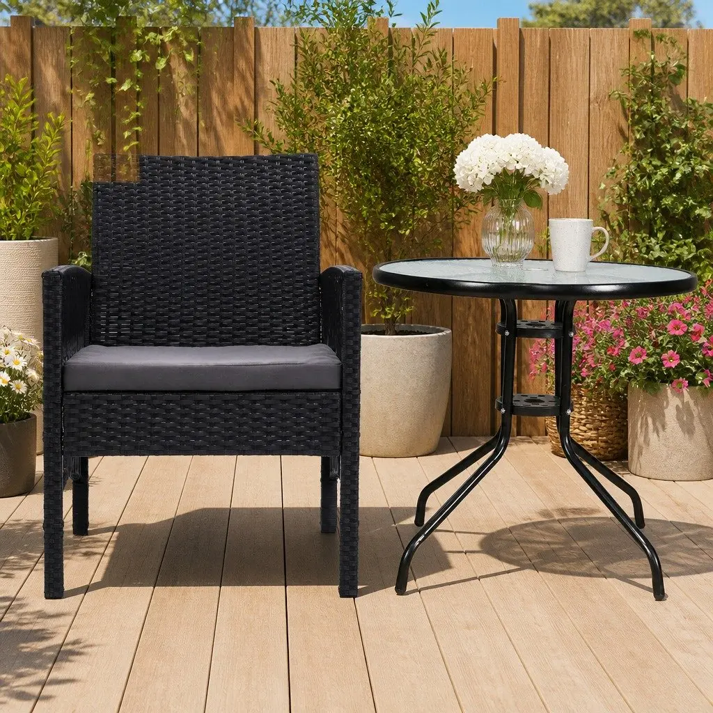 3 Piece Outdoor Bistro Set Glass Top Table Wicker Chairs Cushions Patio Garden
