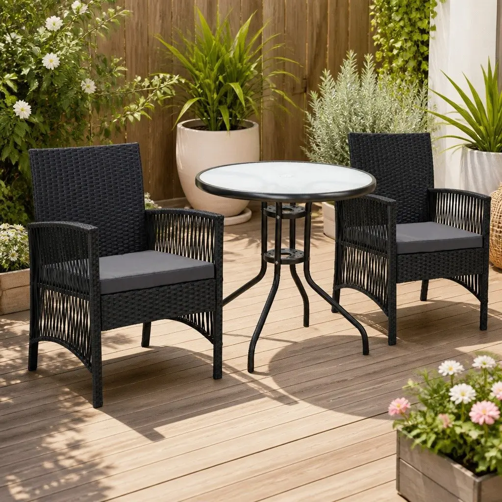 3 Piece Outdoor Bistro Set Glass Top Table Wicker Chairs Cushions Patio Garden
