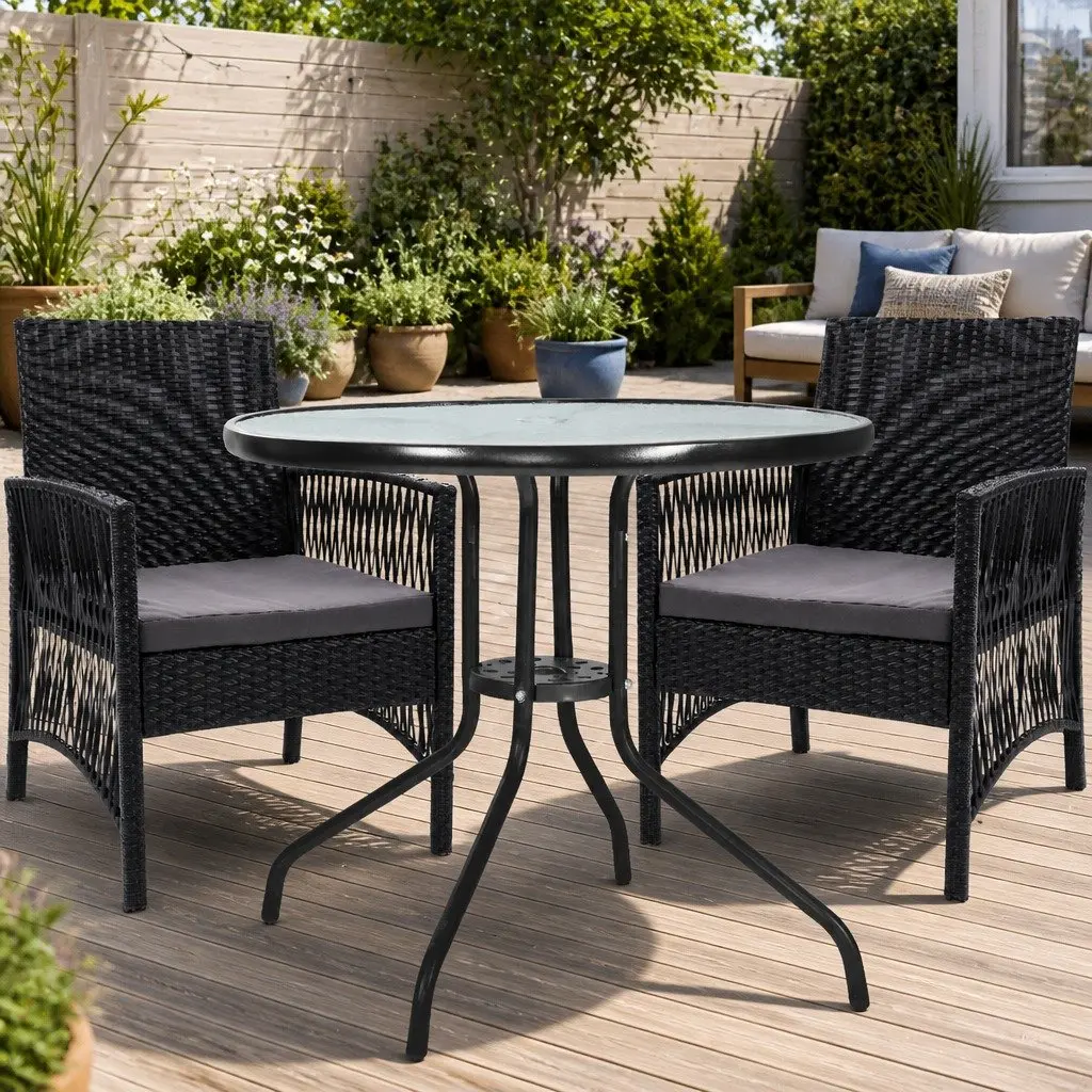 3 Piece Outdoor Bistro Set Glass Top Table Wicker Chairs Cushions Patio Garden