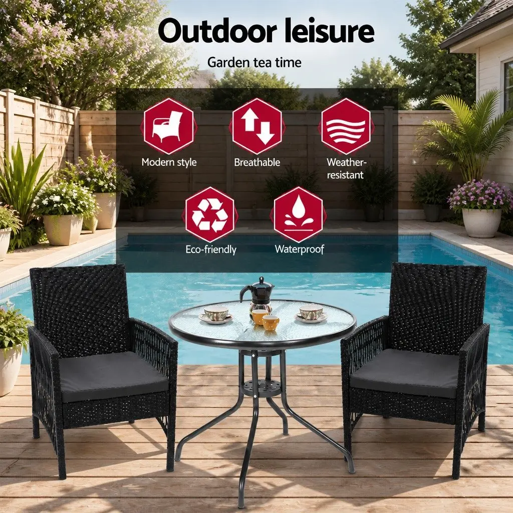 3 Piece Outdoor Bistro Set Glass Top Table Wicker Chairs Cushions Patio Garden