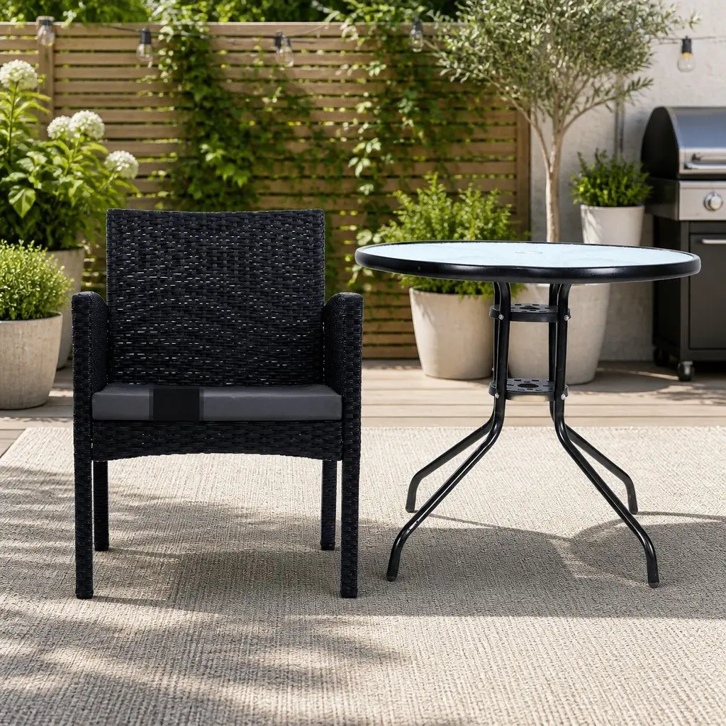3PC Outdoor Bistro Set Black Rattan Chairs Glass Table Patio Garden Furniture