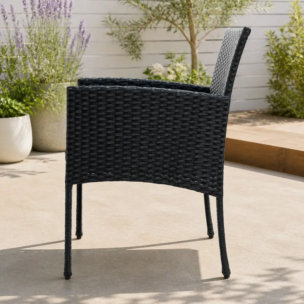 3PC Outdoor Bistro Set Black Rattan Chairs Glass Table Patio Garden Furniture