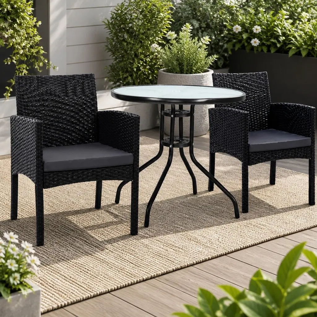 3PC Outdoor Bistro Set Black Rattan Chairs Glass Table Patio Garden Furniture