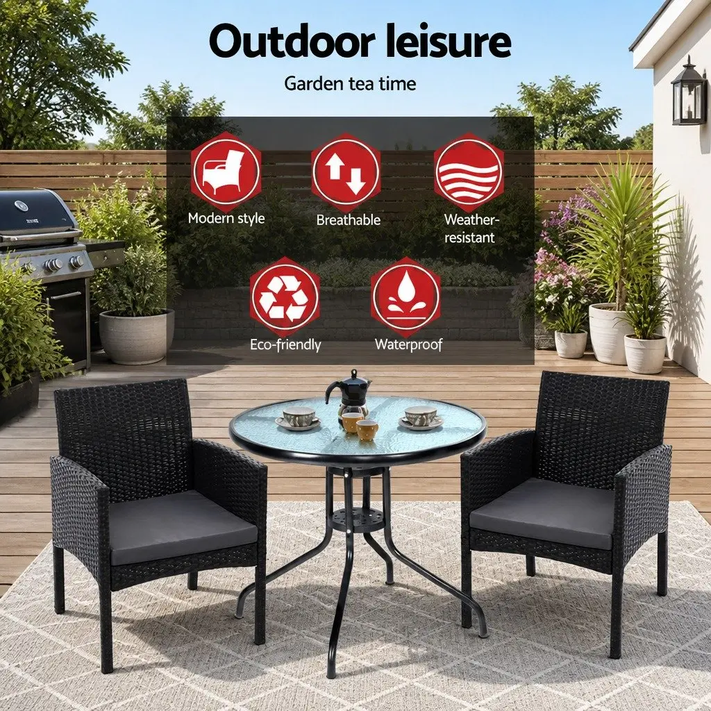 3PC Outdoor Bistro Set Black Rattan Chairs Glass Table Patio Garden Furniture