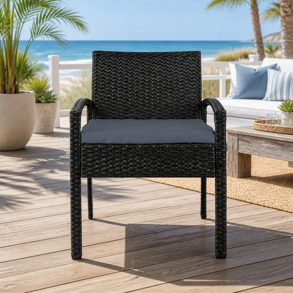 2PC Outdoor Dining Chairs Patio Furniture Rattan Lounge Chair with Cushion Black