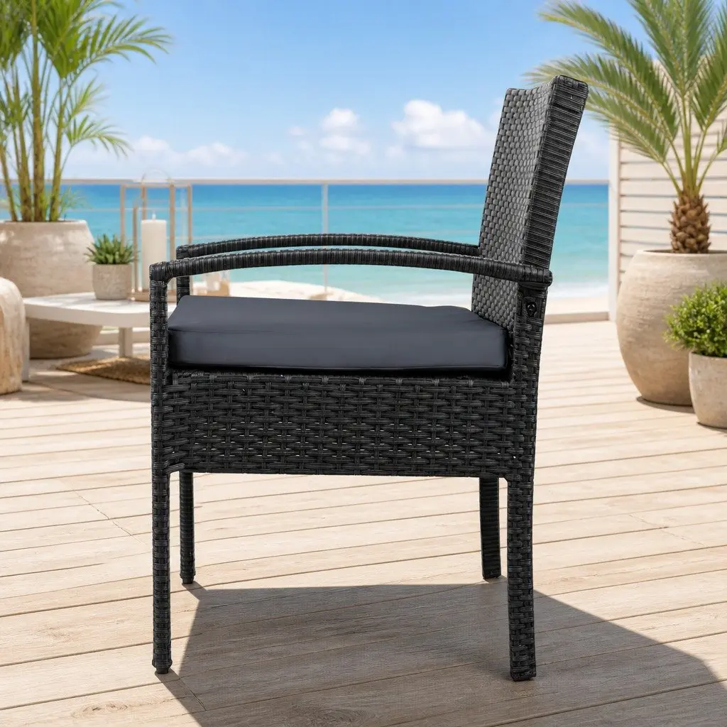 2PC Outdoor Dining Chairs Patio Furniture Rattan Lounge Chair with Cushion Black