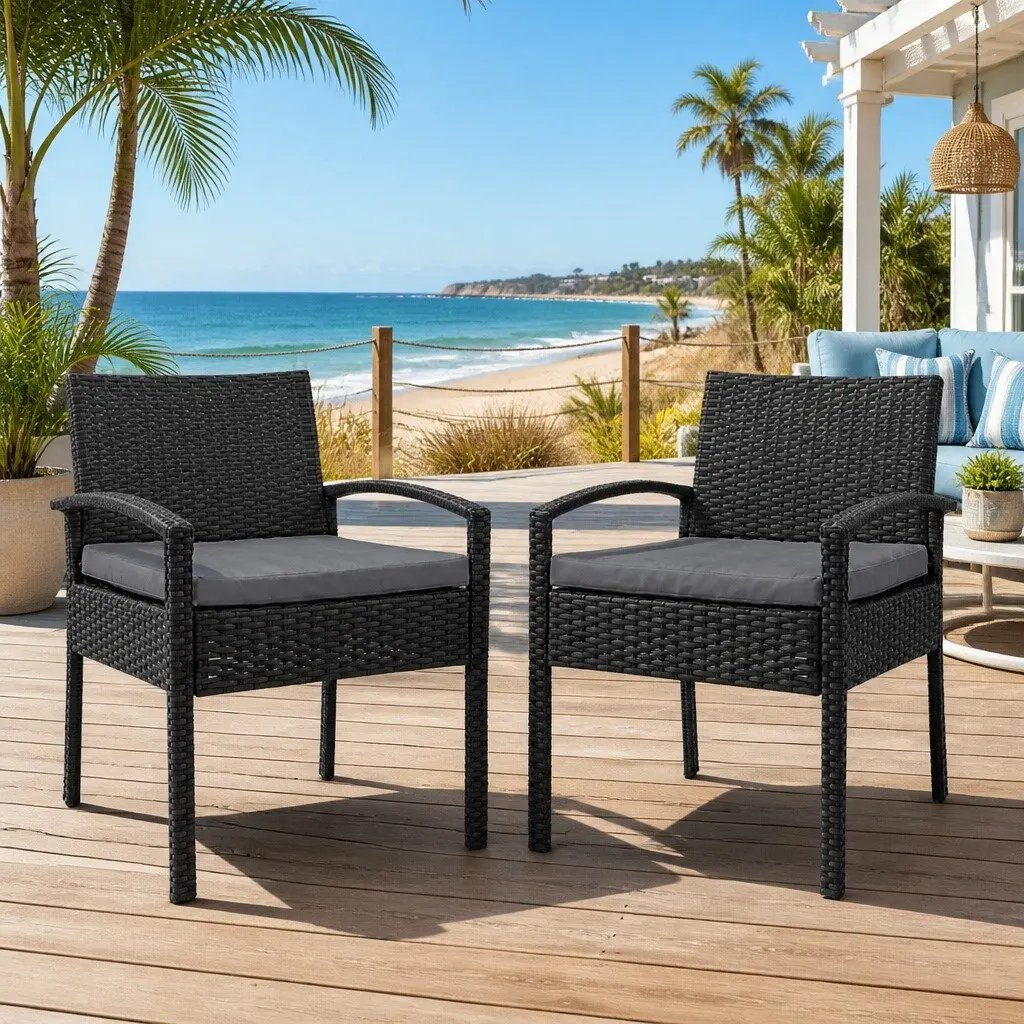 2PC Outdoor Dining Chairs Patio Furniture Rattan Lounge Chair with Cushion Black