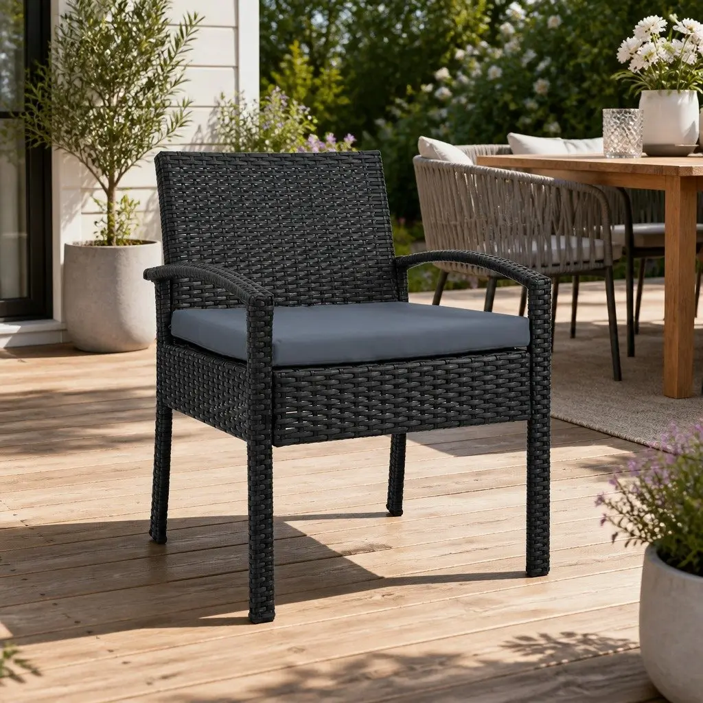 Outdoor Wicker Lounge Chair Black Patio Furniture PE Rattan with Cushion